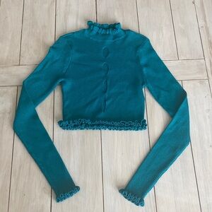 For Love And Lemons Teal Metallic Ruffle Knit Long Sleeve Top Medium